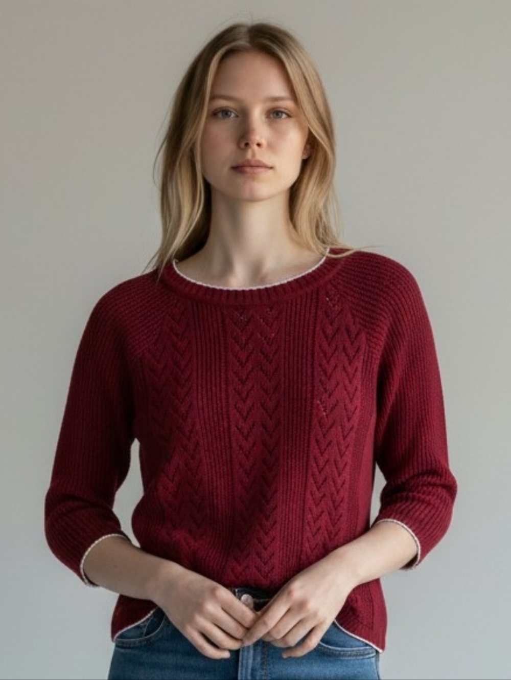 REBECCA Made In Italy Burgundy Open-Weave Scoop Neck Sweater with White Trim.